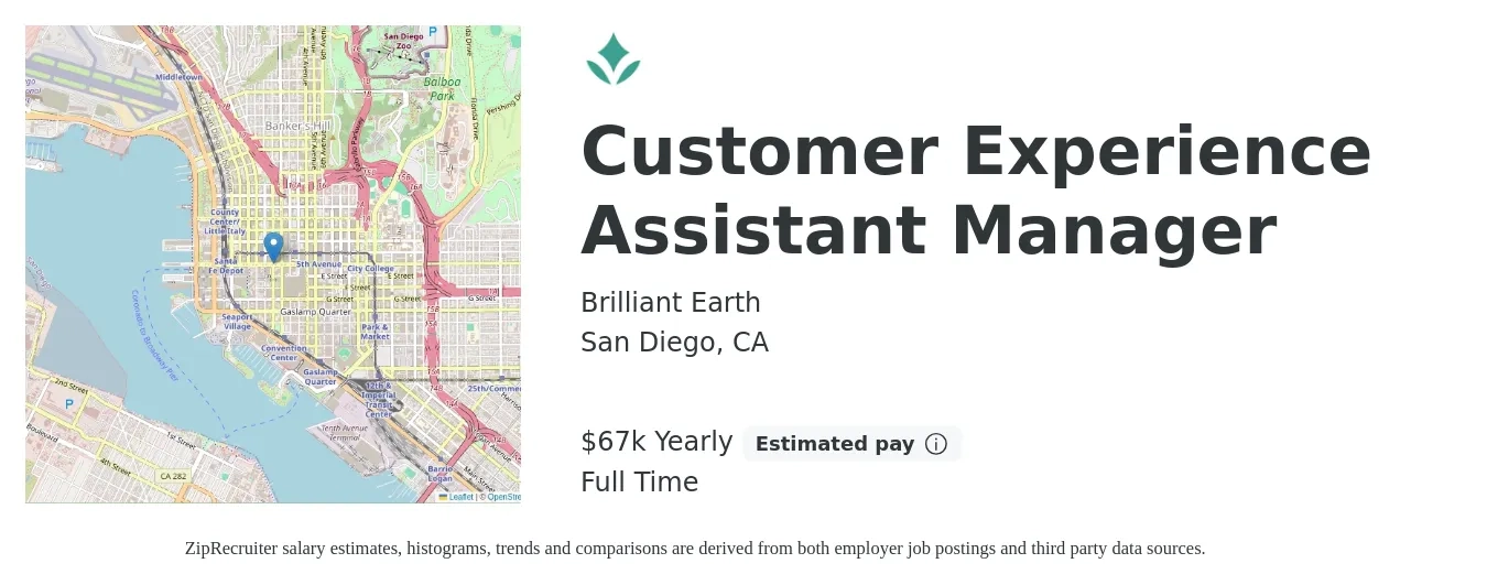 Brilliant Earth job posting for a Customer Experience Assistant Manager in San Diego, CA with a salary of $67,000 Yearly with a map of San Diego location.