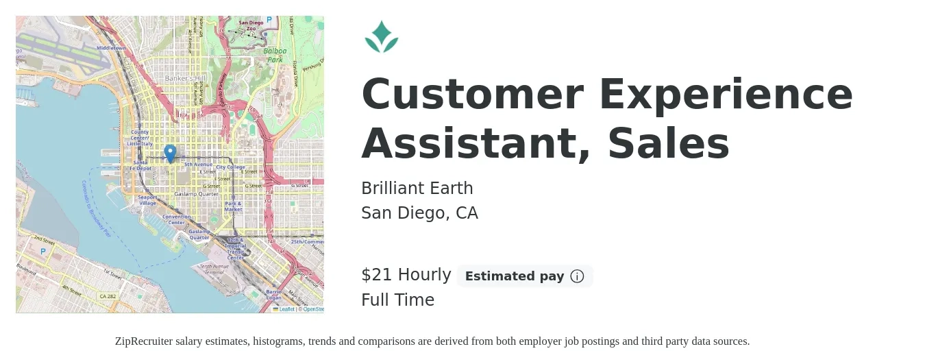 Brilliant Earth job posting for a Customer Experience Assistant, Sales in San Diego, CA with a salary of $22 Hourly with a map of San Diego location.