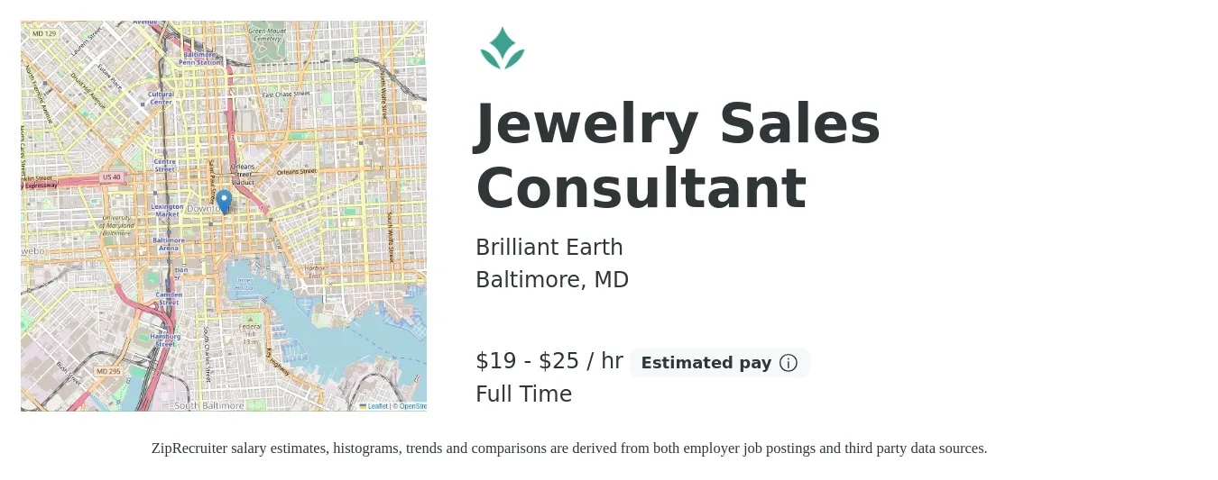 Brilliant Earth job posting for a Jewelry Sales Consultant in Baltimore, MD with a salary of $20 to $24 Hourly with a map of Baltimore location.