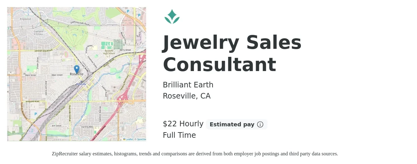 Brilliant Earth job posting for a Jewelry Sales Consultant in Roseville, CA with a salary of $23 Hourly with a map of Roseville location.