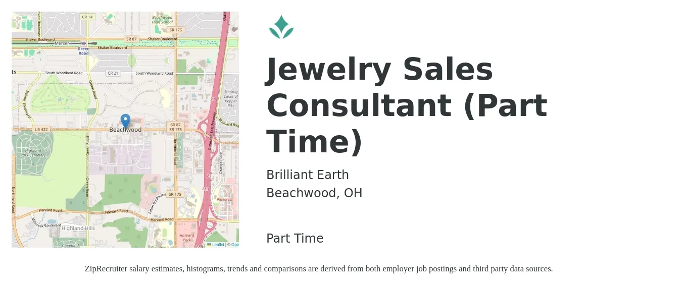 Brilliant Earth job posting for a Jewelry Sales Consultant (Part Time) in Beachwood, OH with a salary of $19 to $24 Hourly with a map of Beachwood location.