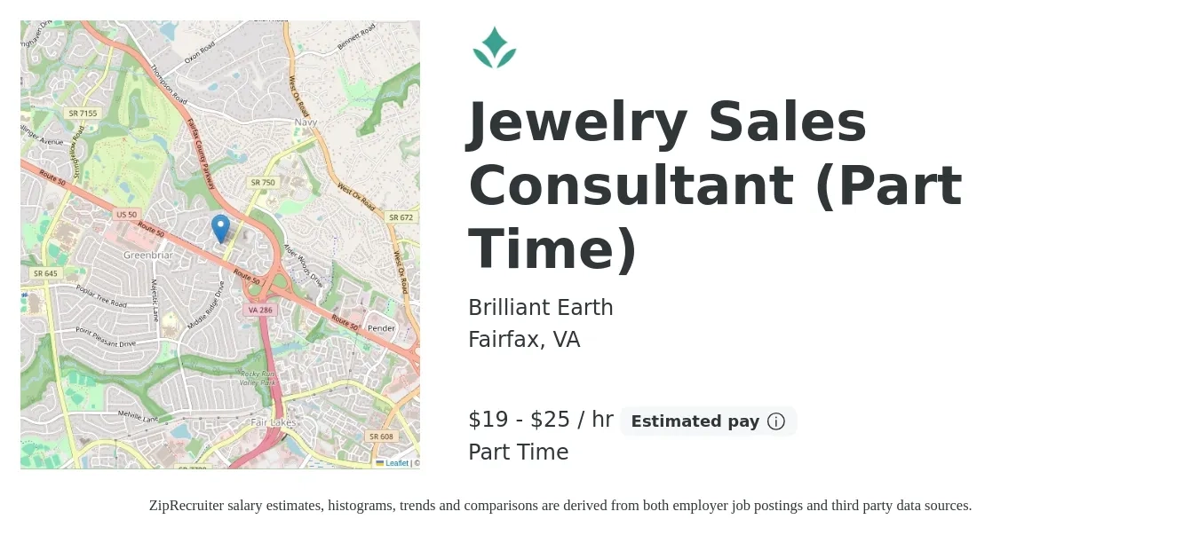 Brilliant Earth job posting for a Jewelry Sales Consultant (Part Time) in Fairfax, VA with a salary of $20 to $24 Hourly with a map of Fairfax location.