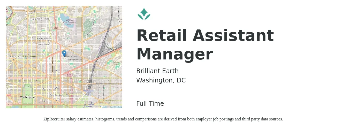 Brilliant Earth job posting for a Retail Assistant Manager in Washington, DC with a salary of $18 to $25 Hourly with a map of Washington location.