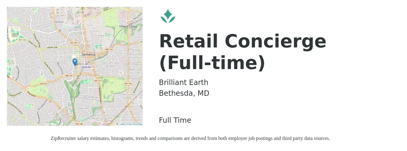 Brilliant Earth job posting for a Retail Concierge (Full-time) in Bethesda, MD with a salary of $16 to $21 Hourly with a map of Bethesda location.