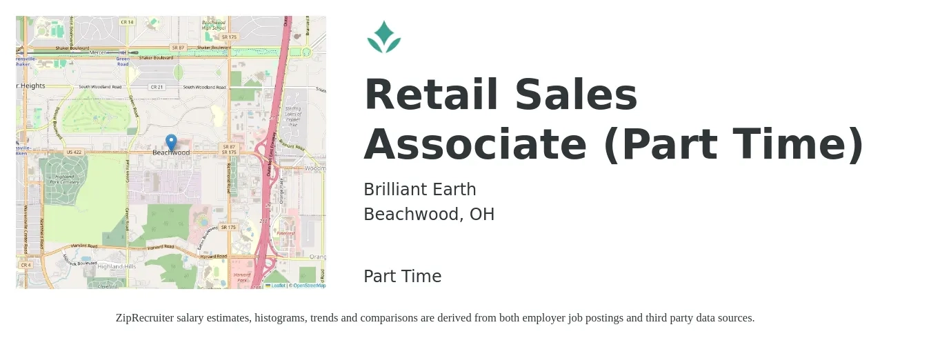 Brilliant Earth job posting for a Retail Sales Associate (Part Time) in Beachwood, OH with a salary of $14 to $16 Hourly with a map of Beachwood location.