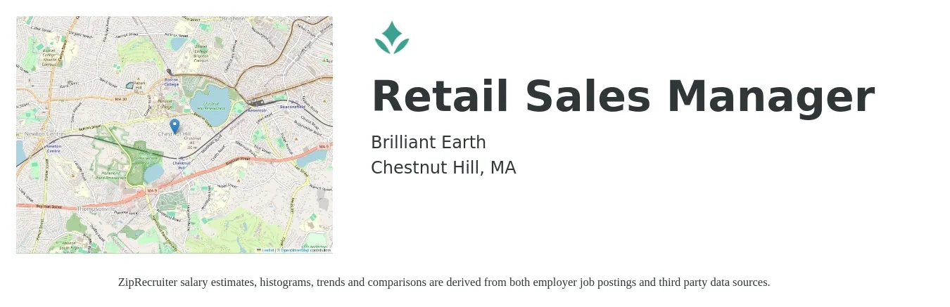 Brilliant Earth job posting for a Retail Sales Manager in Chestnut Hill, MA with a salary of $18 to $22 Hourly with a map of Chestnut Hill location.