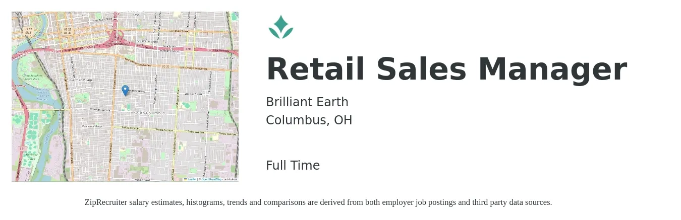 Brilliant Earth job posting for a Retail Sales Manager in Columbus, OH with a salary of $16 to $19 Hourly with a map of Columbus location.