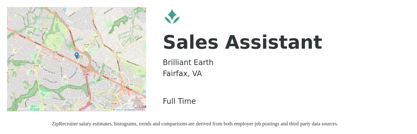 Brilliant Earth job posting for a Sales Assistant in Fairfax, VA with a salary of $20 to $25 Hourly with a map of Fairfax location.