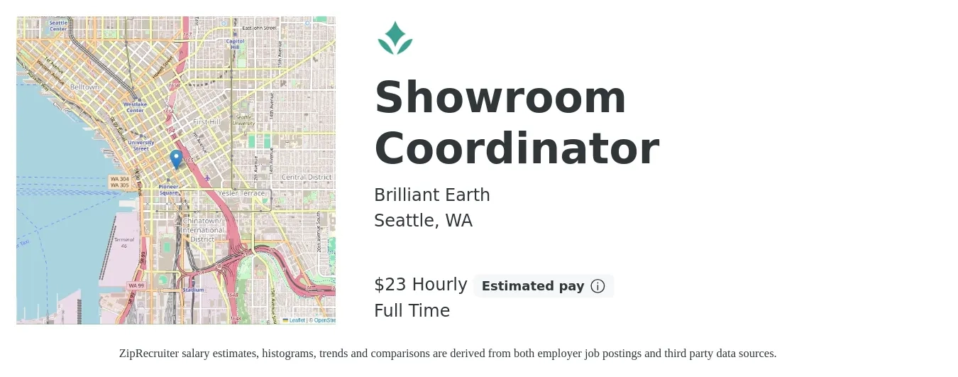 Brilliant Earth job posting for a Showroom Coordinator in Seattle, WA with a salary of $24 Hourly with a map of Seattle location.