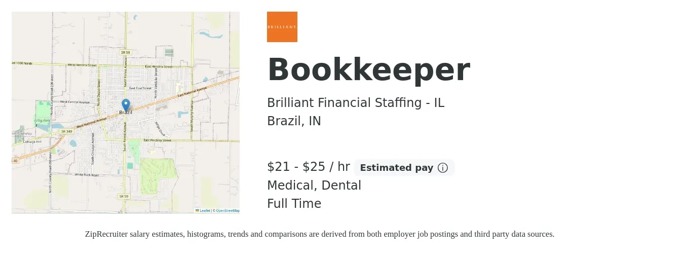 Brilliant Financial Staffing - IL job posting for a Bookkeeper in Brazil, IN with a salary of $22 to $26 Hourly and benefits including medical, pto, retirement, and dental with a map of Brazil location.