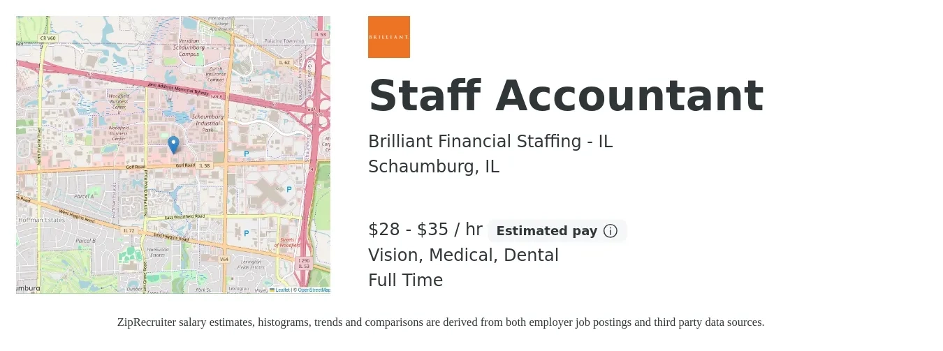 Brilliant Financial Staffing - IL job posting for a Staff Accountant in Schaumburg, IL with a salary of $30 to $37 Hourly and benefits including dental, life_insurance, medical, pto, retirement, and vision with a map of Schaumburg location.