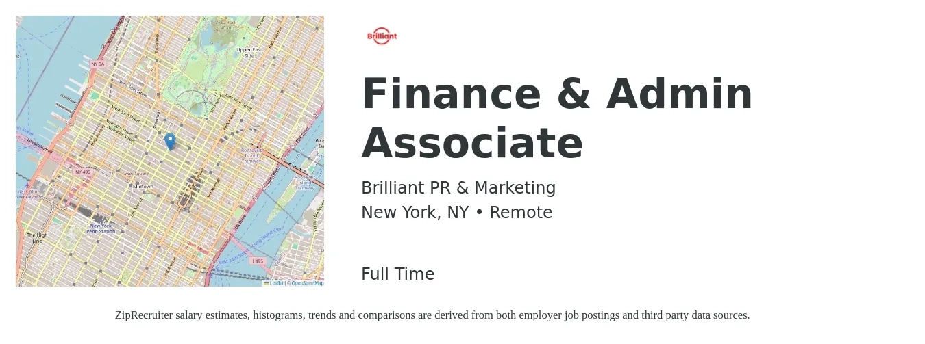 Brilliant PR & Marketing job posting for a Finance & Admin Associate in New York, NY with a salary of $42,000 to $48,000 Monthly with a map of New York location.