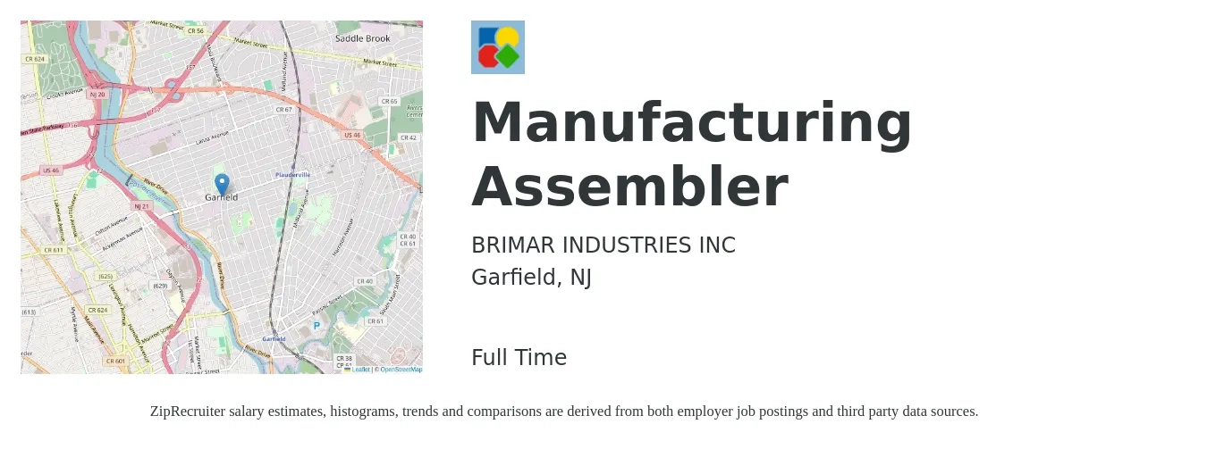 BRIMAR INDUSTRIES INC job posting for a Manufacturing Assembler in Garfield, NJ with a salary of $17 to $21 Hourly with a map of Garfield location.