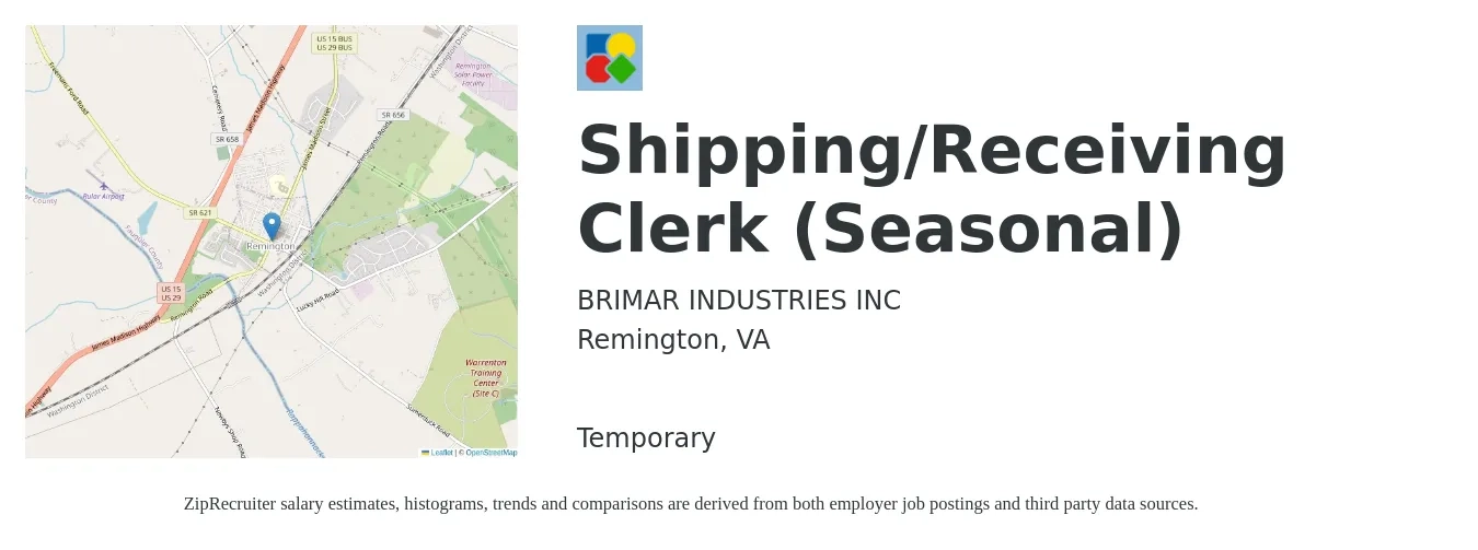 BRIMAR INDUSTRIES INC job posting for a Shipping/Receiving Clerk (Seasonal) in Remington, VA with a salary of $18 to $22 Hourly with a map of Remington location.
