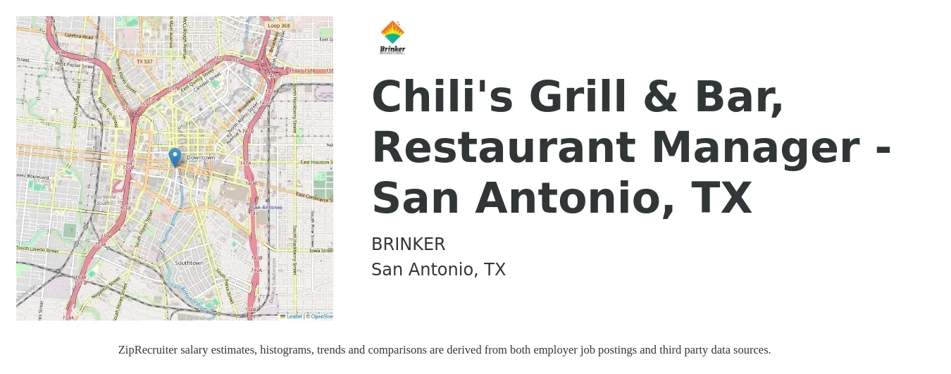 BRINKER job posting for a Chili's Grill & Bar, Restaurant Manager - San Antonio, TX in San Antonio, TX with a salary of $40,600 to $57,300 Yearly with a map of San Antonio location.