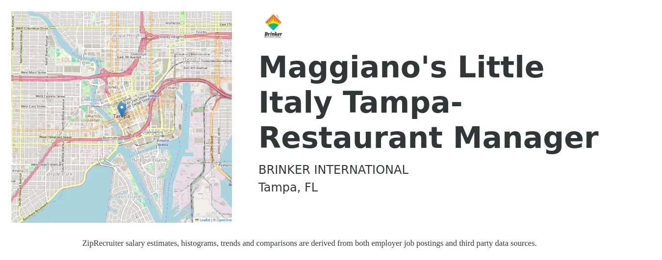 BRINKER INTERNATIONAL job posting for a Maggiano's Little Italy Tampa- Restaurant Manager in Tampa, FL with a salary of $47,200 to $67,100 Yearly with a map of Tampa location.