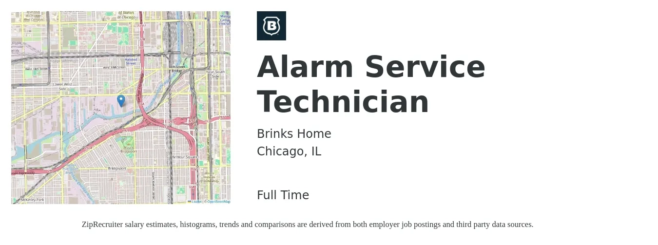 Brinks Home job posting for a Alarm Service Technician in Chicago, IL with a salary of $23 to $33 Hourly with a map of Chicago location.