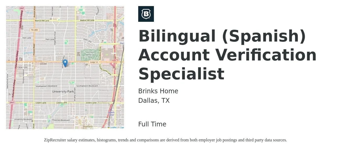 Brinks Home job posting for a Bilingual (Spanish) Account Verification Specialist in Dallas, TX with a salary of $17 to $21 Hourly with a map of Dallas location.