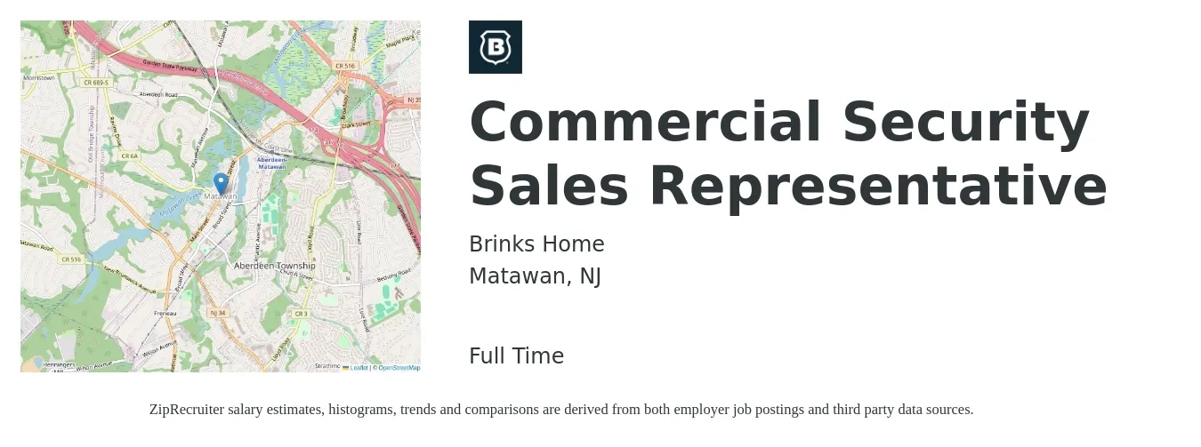Brinks Home job posting for a Commercial Security Sales Representative in Matawan, NJ with a salary of $47,000 to $68,200 Yearly with a map of Matawan location.