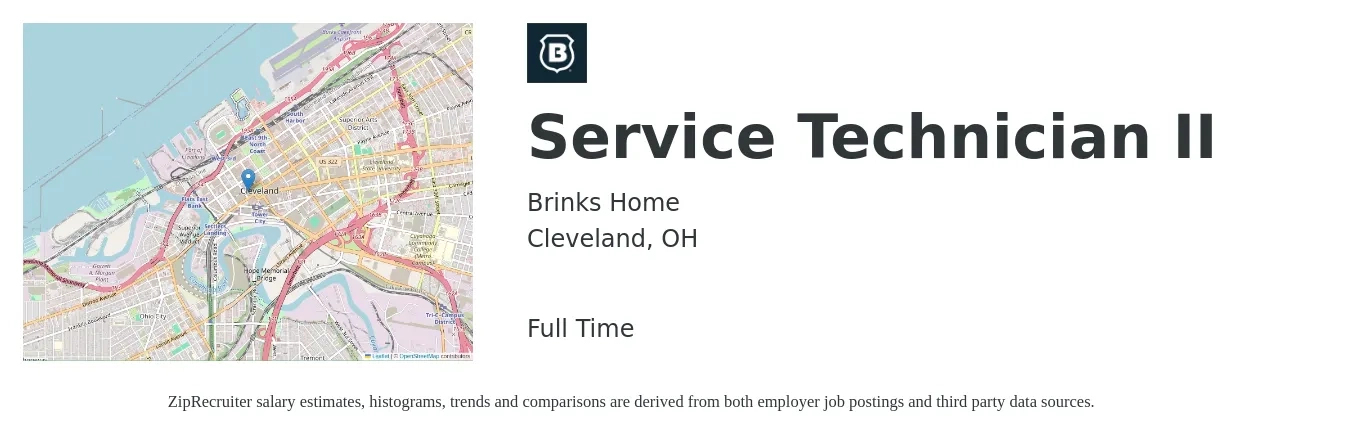 Brinks Home job posting for a Service Technician II in Cleveland, OH with a salary of $20 to $27 Hourly with a map of Cleveland location.