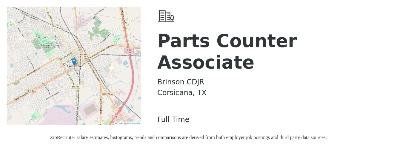 Brinson CDJR job posting for a Parts Counter Associate in Corsicana, TX with a salary of $14 to $19 Hourly with a map of Corsicana location.