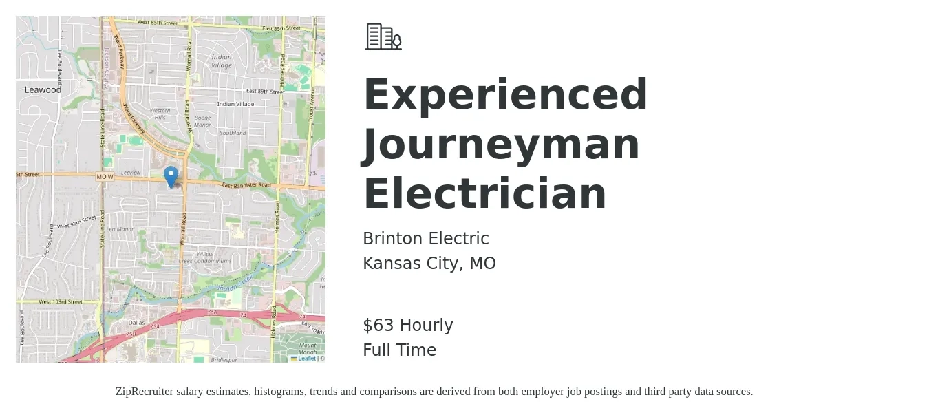 Brinton Electric job posting for a Experienced Journeyman Electrician in Kansas City, MO with a salary of $30 to $38 Hourly with a map of Kansas City location.