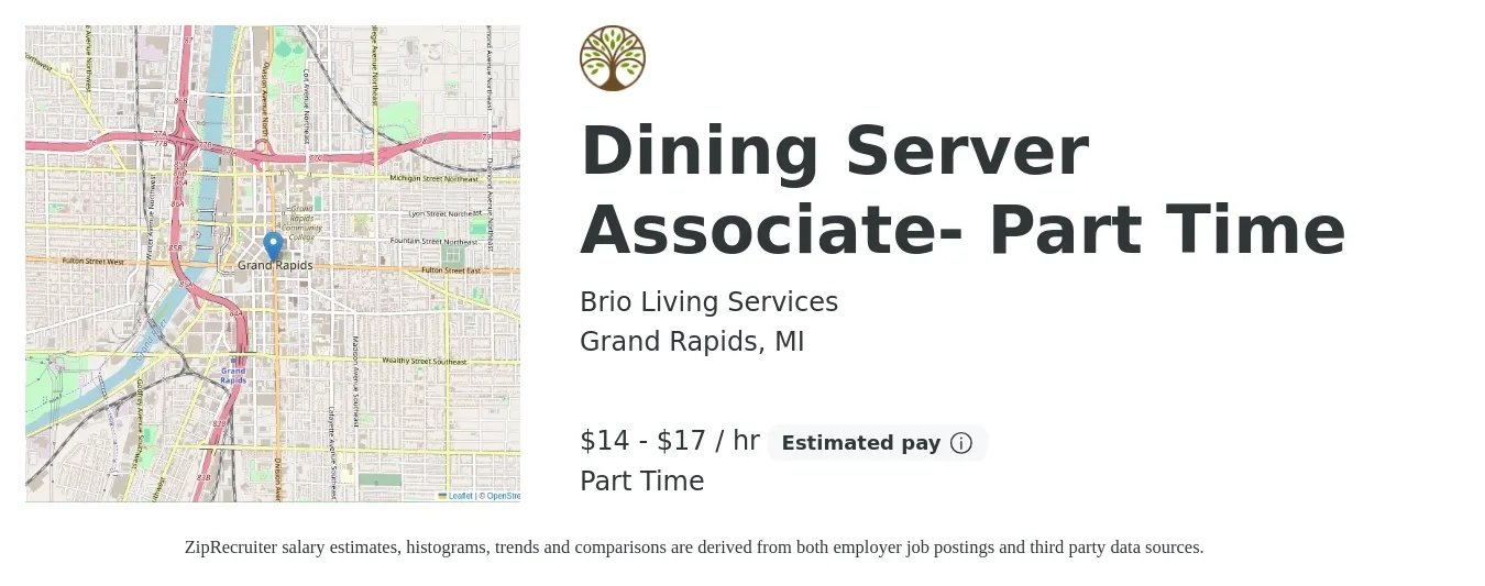 Brio Living Services job posting for a Dining Server Associate- Part Time in Grand Rapids, MI with a salary of $15 to $18 Hourly with a map of Grand Rapids location.