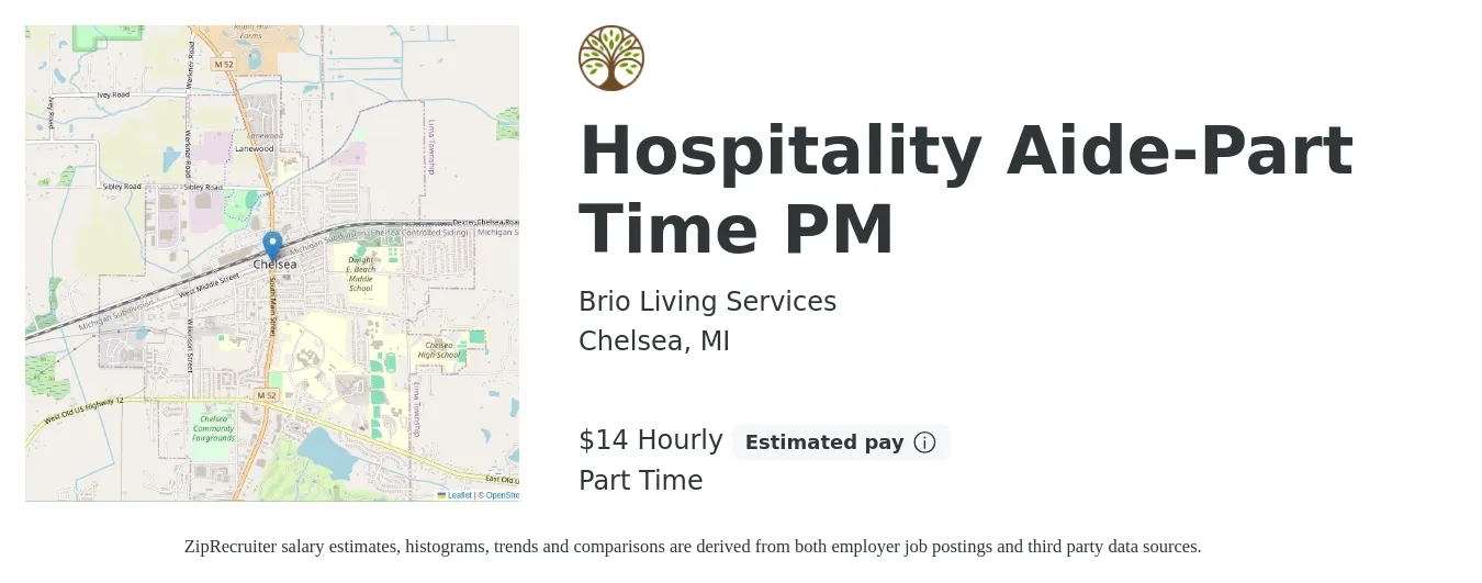Brio Living Services job posting for a Hospitality Aide-Part Time PM in Chelsea, MI with a salary of $15 Hourly with a map of Chelsea location.
