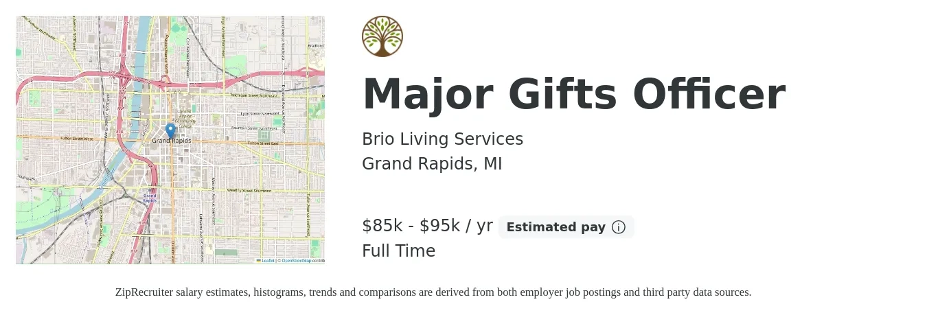 Brio Living Services job posting for a Major Gifts Officer in Grand Rapids, MI with a salary of $85,000 to $95,000 Yearly with a map of Grand Rapids location.