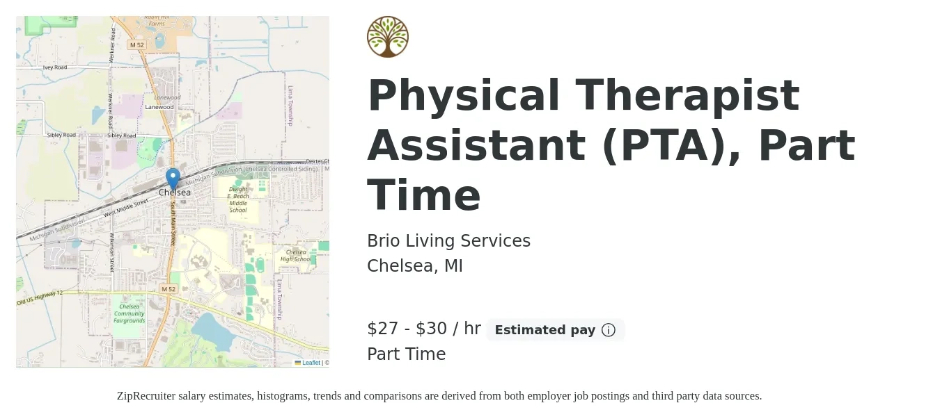 Brio Living Services job posting for a Physical Therapist Assistant (PTA), Part Time in Chelsea, MI with a salary of $28 to $32 Hourly with a map of Chelsea location.