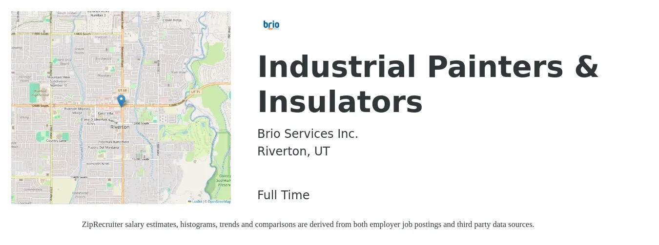 Brio Services Inc. job posting for a Industrial Painters & Insulators in Riverton, UT with a salary of $2,000 to $4,000 Weekly with a map of Riverton location.