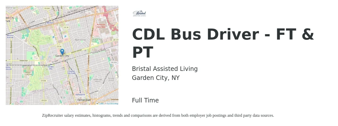 Bristal Assisted Living job posting for a CDL Bus Driver - FT & PT in Garden City, NY with a salary of $18 to $24 Hourly with a map of Garden City location.