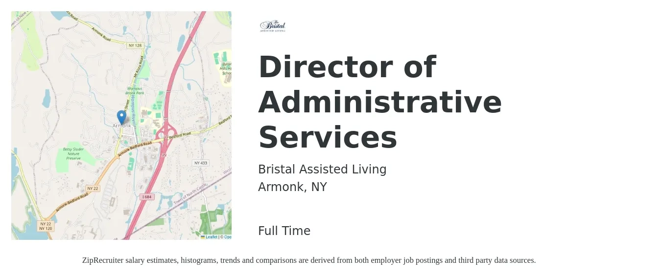 Bristal Assisted Living job posting for a Director of Administrative Services in Armonk, NY with a salary of $89,700 to $137,000 Yearly with a map of Armonk location.