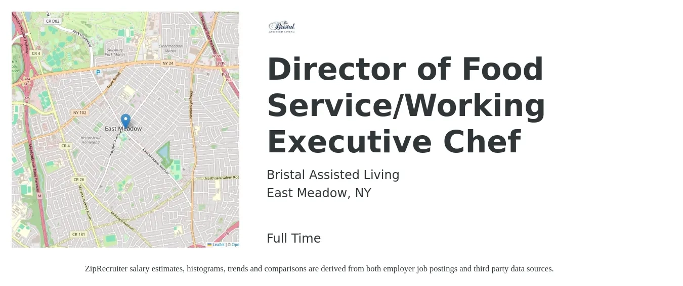Bristal Assisted Living job posting for a Director of Food Service/Working Executive Chef in East Meadow, NY with a salary of $74,200 to $102,300 Yearly with a map of East Meadow location.