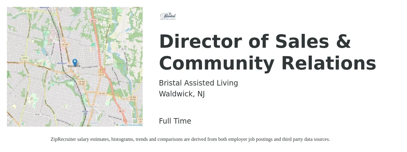 Bristal Assisted Living job posting for a Director of Sales & Community Relations in Waldwick, NJ with a salary of $59,500 to $95,100 Yearly with a map of Waldwick location.