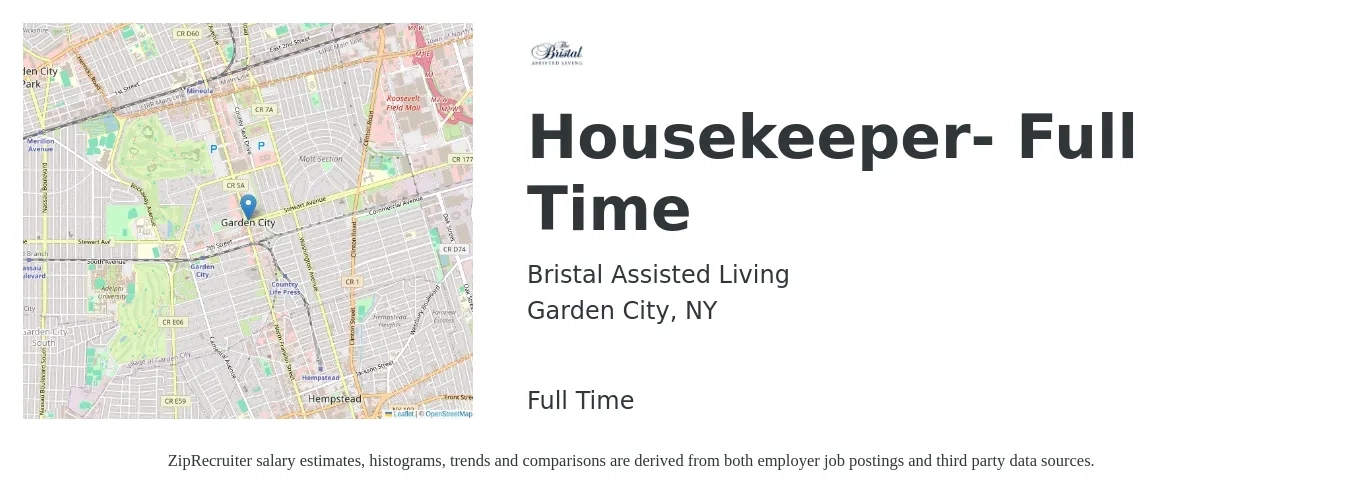 Bristal Assisted Living job posting for a Housekeeper- Full Time in Garden City, NY with a salary of $14 to $18 Hourly with a map of Garden City location.
