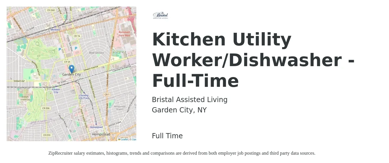 Bristal Assisted Living job posting for a Kitchen Utility Worker/Dishwasher - Full-Time in Garden City, NY with a salary of $14 to $17 Hourly with a map of Garden City location.