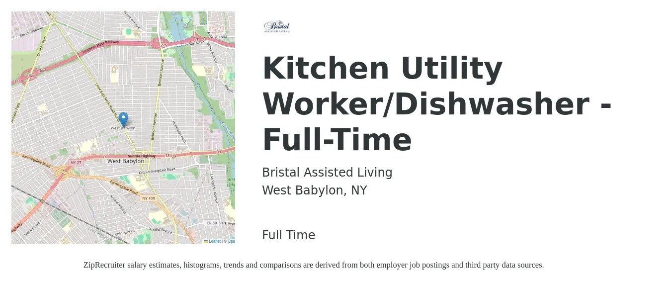 Bristal Assisted Living job posting for a Kitchen Utility Worker/Dishwasher - Full-Time in West Babylon, NY with a salary of $14 to $18 Hourly with a map of West Babylon location.