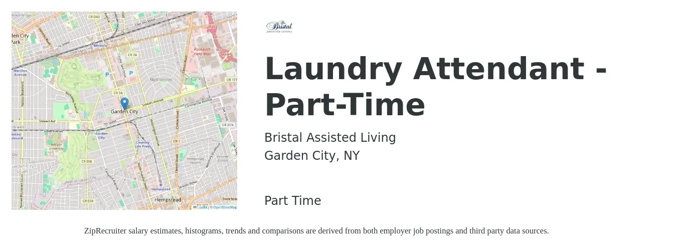 Bristal Assisted Living job posting for a Laundry Attendant - Part-Time in Garden City, NY with a salary of $14 to $17 Hourly with a map of Garden City location.