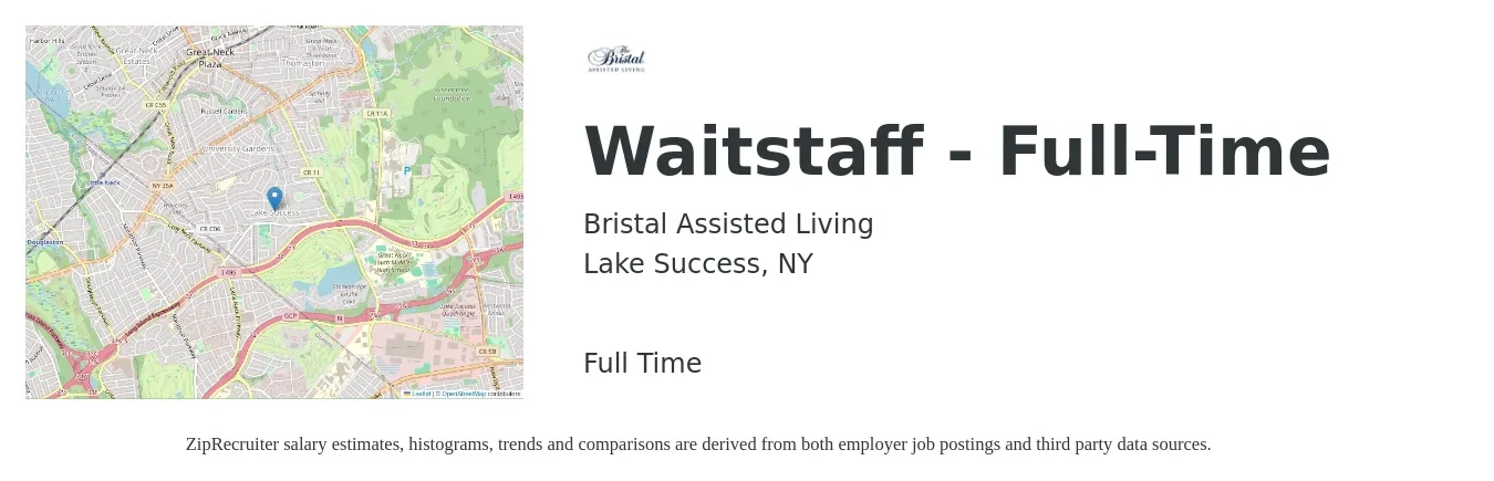 Bristal Assisted Living job posting for a Waitstaff - Full-Time in Lake Success, NY with a salary of $12 to $20 Hourly with a map of Lake Success location.