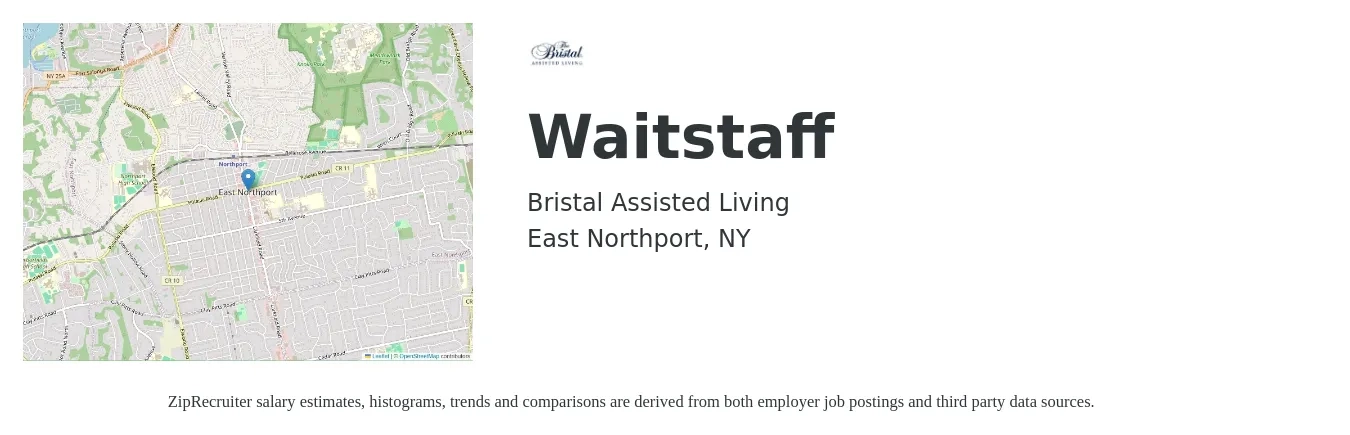 Bristal Assisted Living job posting for a Waitstaff in East Northport, NY with a salary of $11 to $19 Hourly with a map of East Northport location.