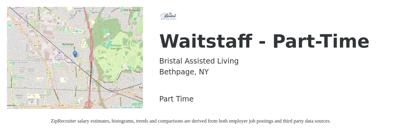 Bristal Assisted Living job posting for a Waitstaff - Part-Time in Bethpage, NY with a salary of $11 to $18 Hourly with a map of Bethpage location.