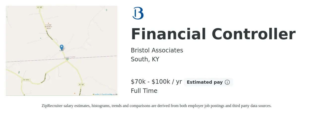 Bristol Associates job posting for a Financial Controller in South, KY with a salary of $70,000 to $100,000 Yearly with a map of South location.