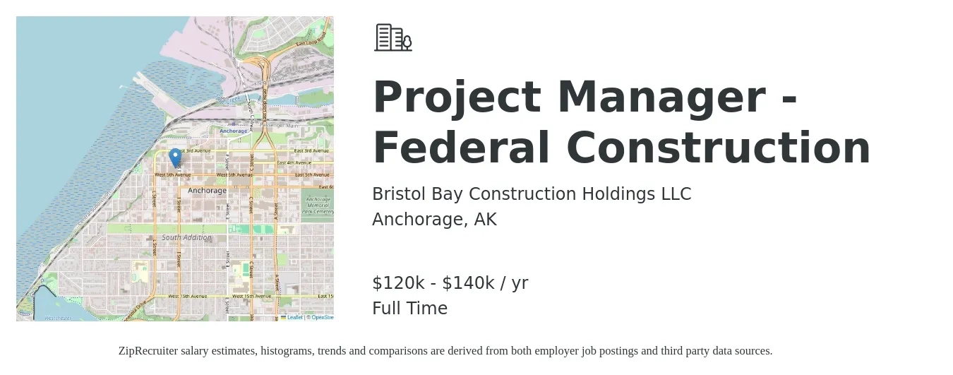 Bristol Bay Construction Holdings LLC job posting for a Project Manager - Federal Construction in Anchorage, AK with a salary of $120,000 to $140,000 Yearly with a map of Anchorage location.