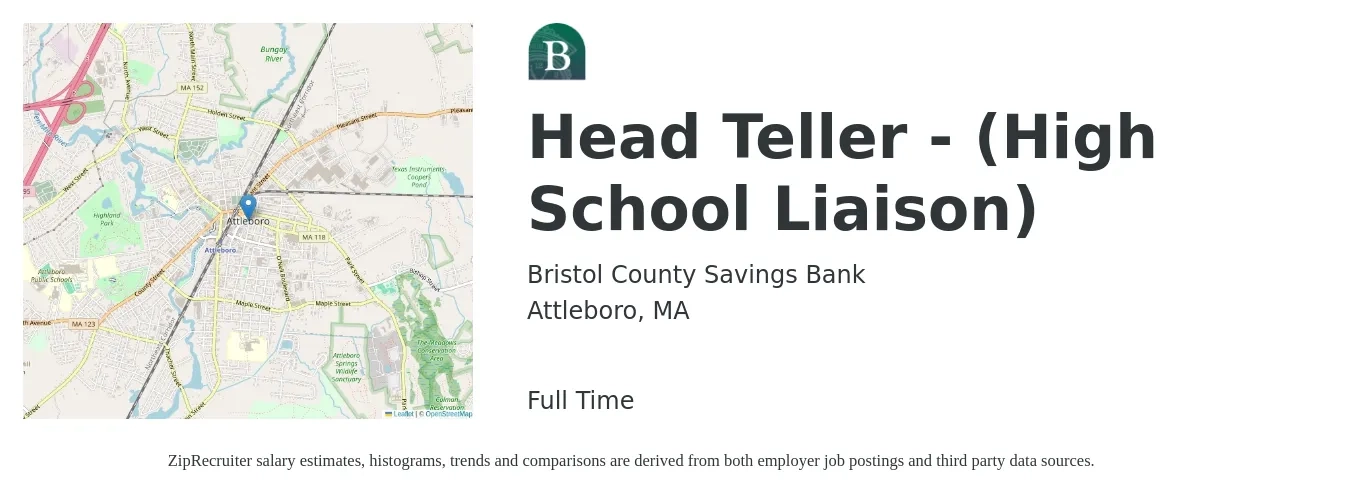 Bristol County Savings Bank job posting for a Head Teller - (High School Liaison) in Attleboro, MA with a salary of $16 to $20 Hourly with a map of Attleboro location.