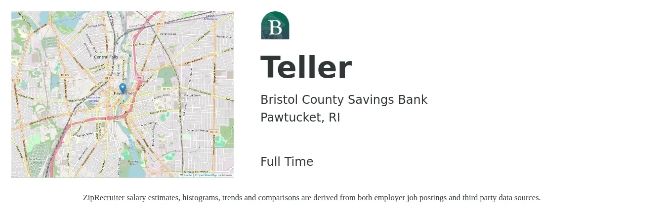 Bristol County Savings Bank job posting for a Teller in Pawtucket, RI with a salary of $16 to $20 Hourly with a map of Pawtucket location.