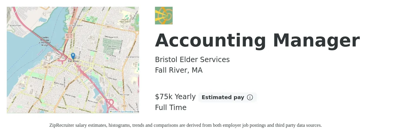 Bristol Elder Services job posting for a Accounting Manager in Fall River, MA with a salary of $75,920 Yearly with a map of Fall River location.