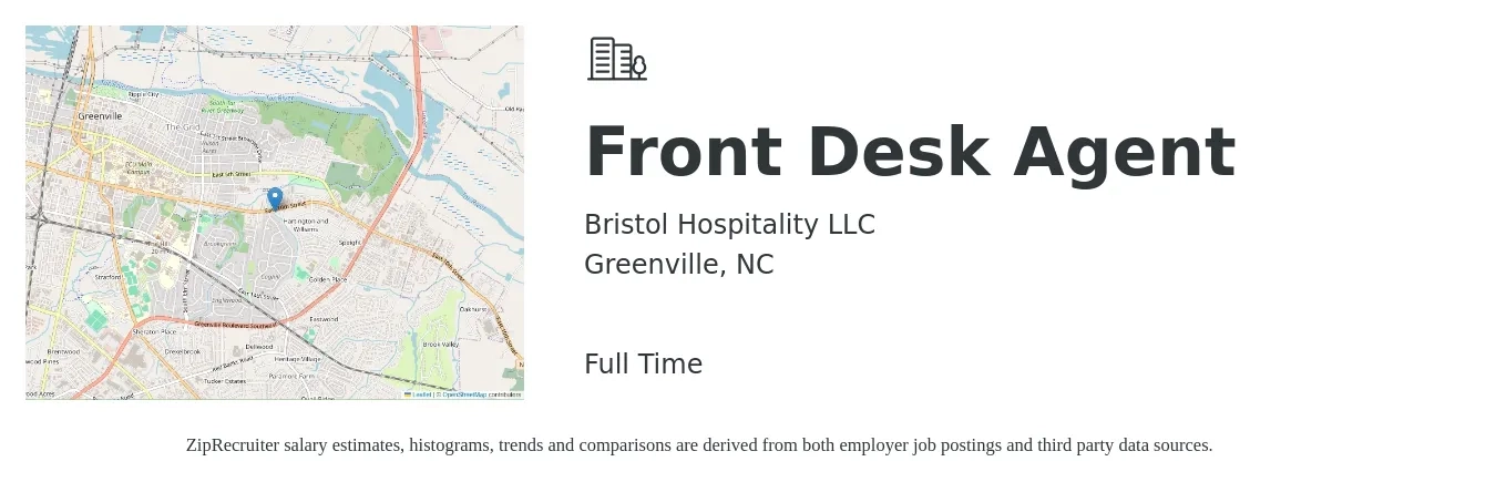 Bristol Hospitality LLC job posting for a Front Desk Agent in Greenville, NC with a salary of $14 to $17 Hourly with a map of Greenville location.