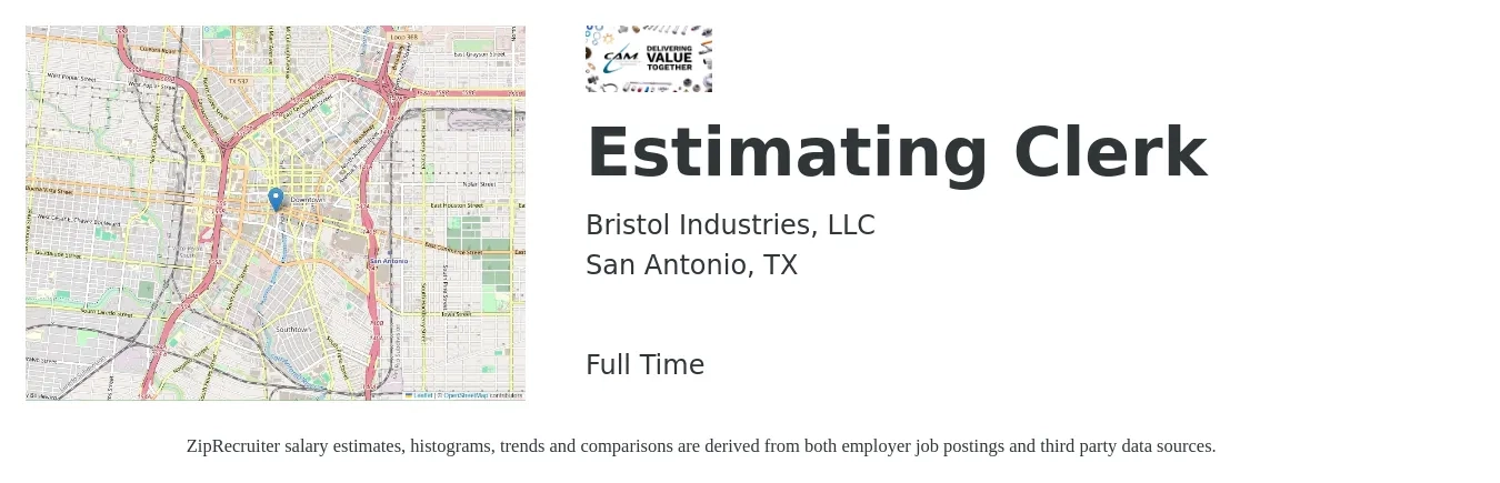 Bristol Industries, LLC job posting for a Estimating Clerk in San Antonio, TX with a salary of $14 to $16 Hourly with a map of San Antonio location.