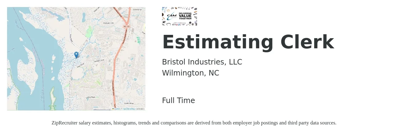 Bristol Industries, LLC job posting for a Estimating Clerk in Wilmington, NC with a salary of $14 to $17 Hourly with a map of Wilmington location.